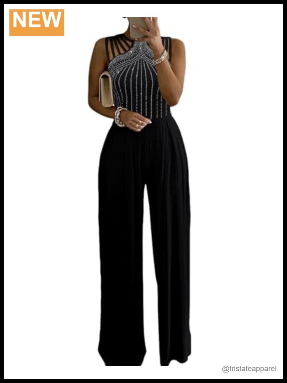 One Shoulder Jumpsuit Rhinestone Cutout Ruched Wide Leg Size M
